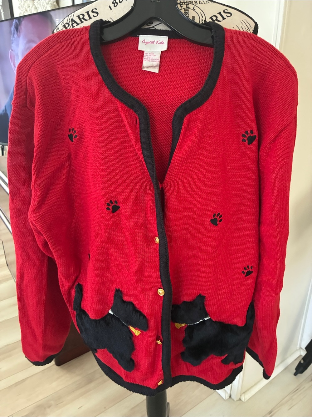 Crystal-kale Sz L Red Scottie Dog Appliqué Cardigan good condition EUC